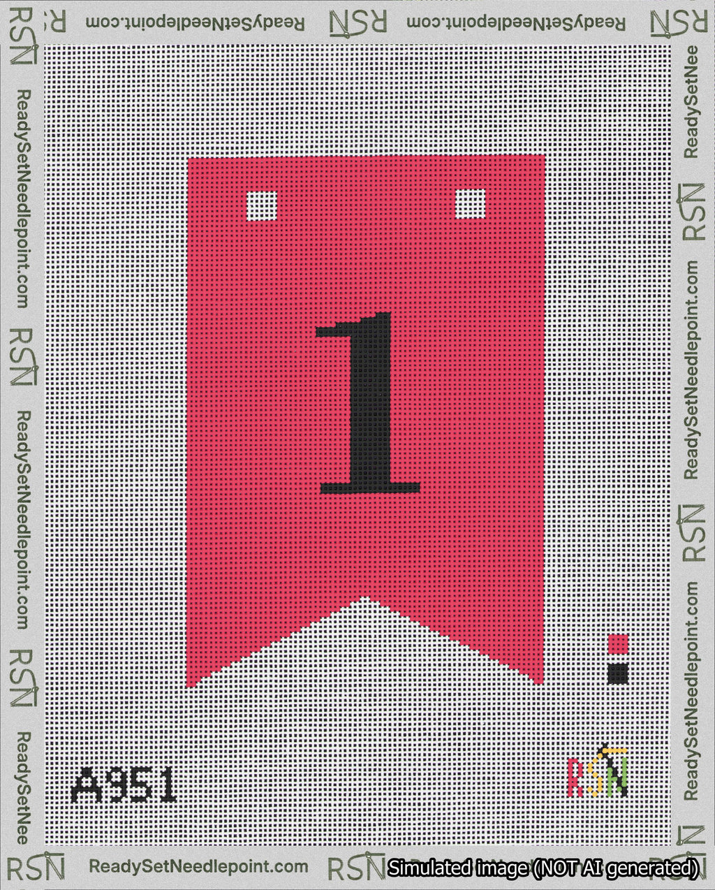 A taped needlepoint canvas with the design: Banner 18 mesh count Forked 1 Black on Red.