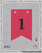 A taped needlepoint canvas with the design: Banner 18 mesh count Forked 1 Black on Red.