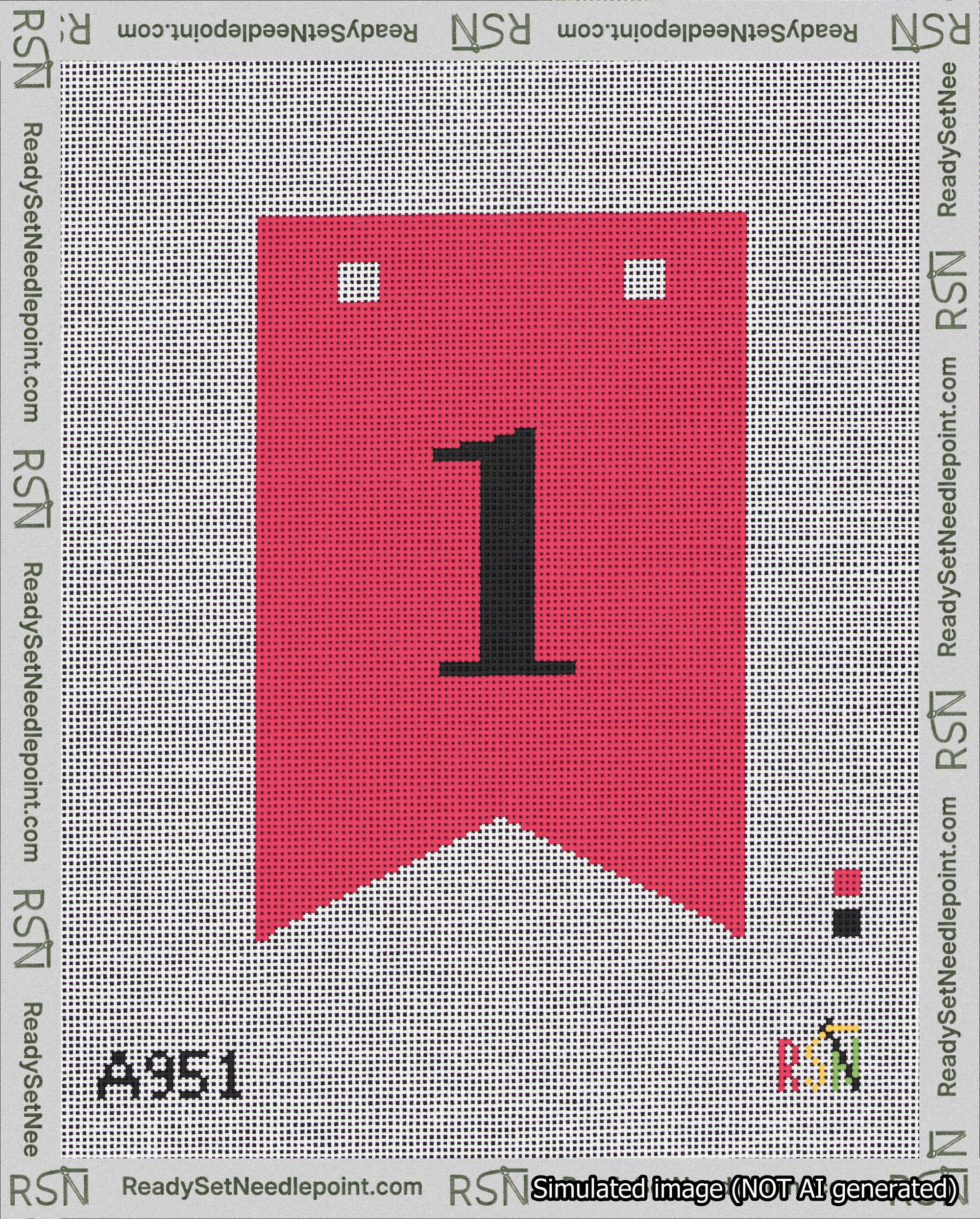 A taped needlepoint canvas with the design: Banner 18 mesh count Forked 1 Black on Red.