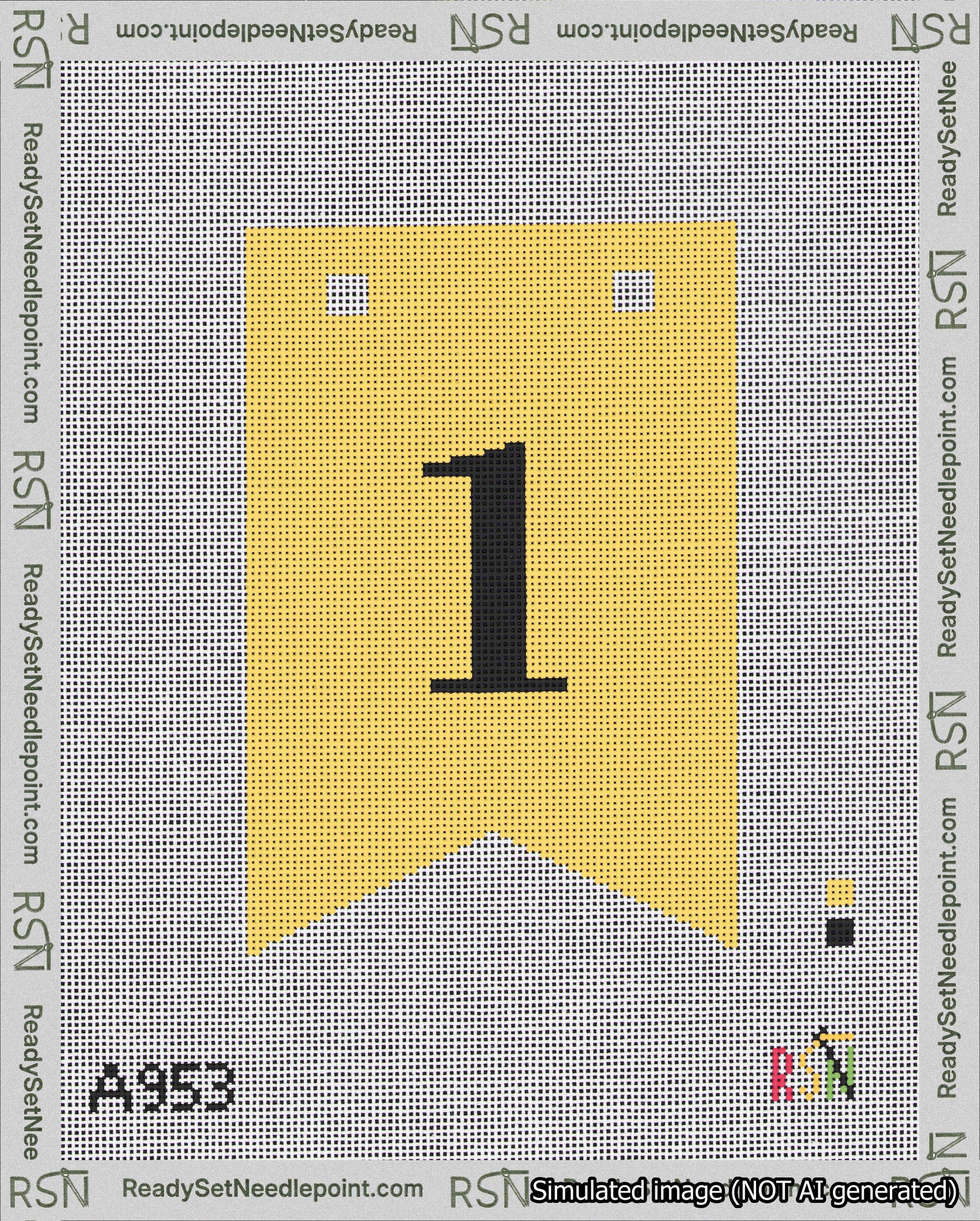 A taped needlepoint canvas with the design: Banner 18 mesh count Forked 1 Black on Yellow.
