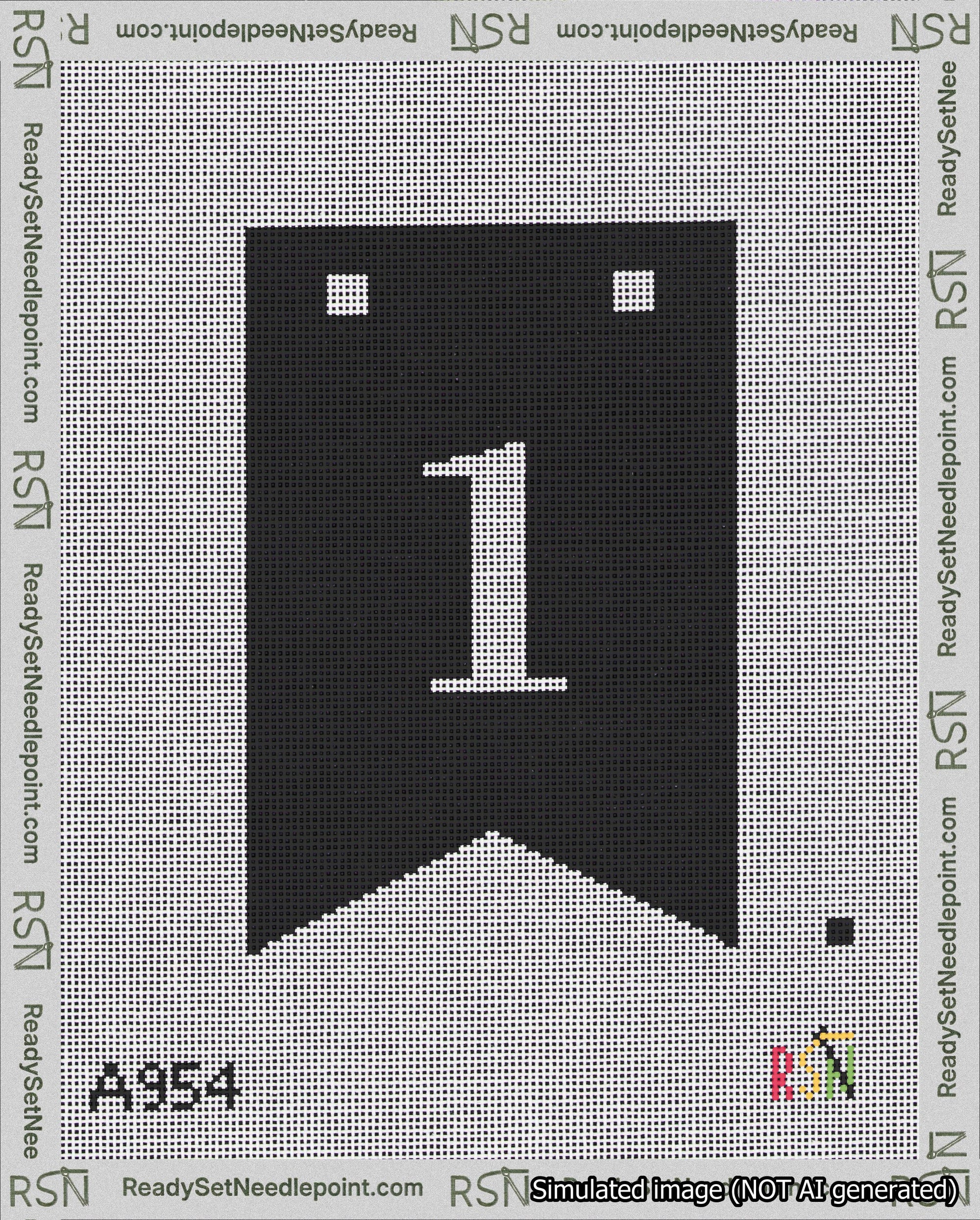 A taped needlepoint canvas with the design: Banner 18 mesh count Forked 1 White on Black.