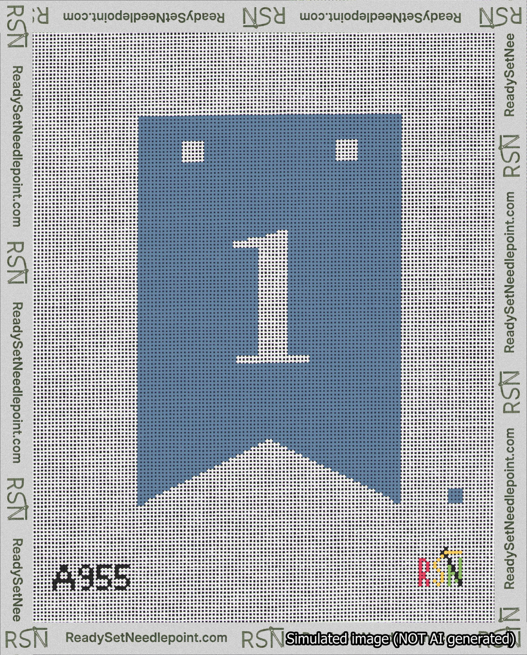 A taped needlepoint canvas with the design: Banner 18 mesh count Forked 1 White on Blue.