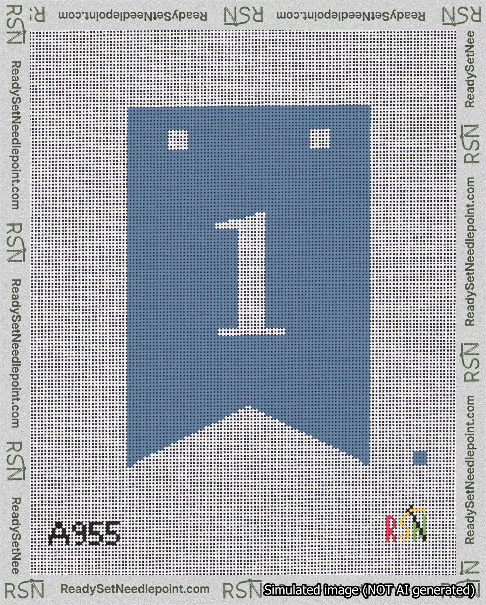 A taped needlepoint canvas with the design: Banner 18 mesh count Forked 1 White on Blue.