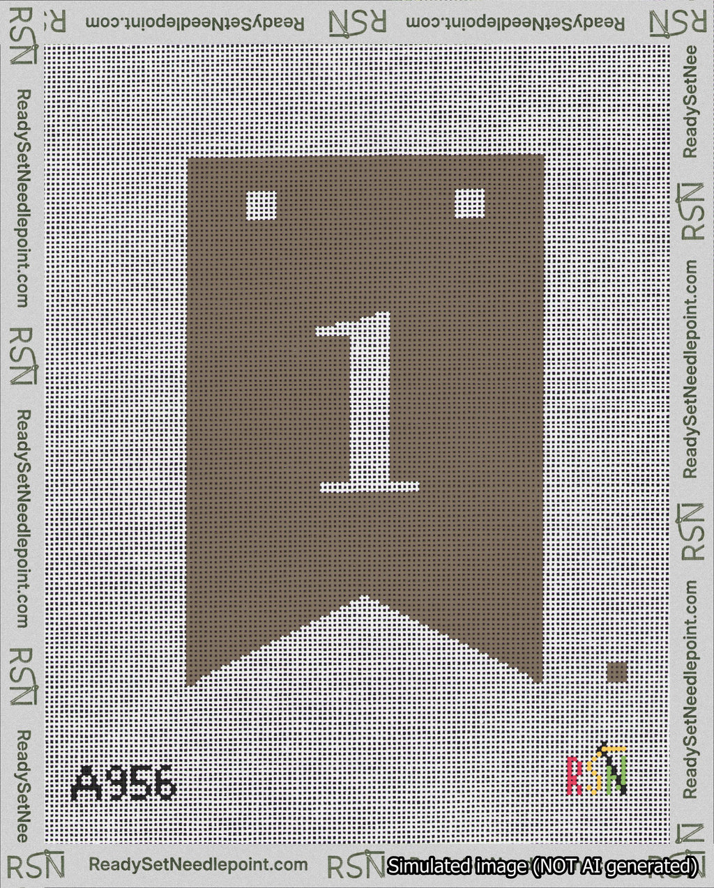 A taped needlepoint canvas with the design: Banner 18 mesh count Forked 1 White on Brown.