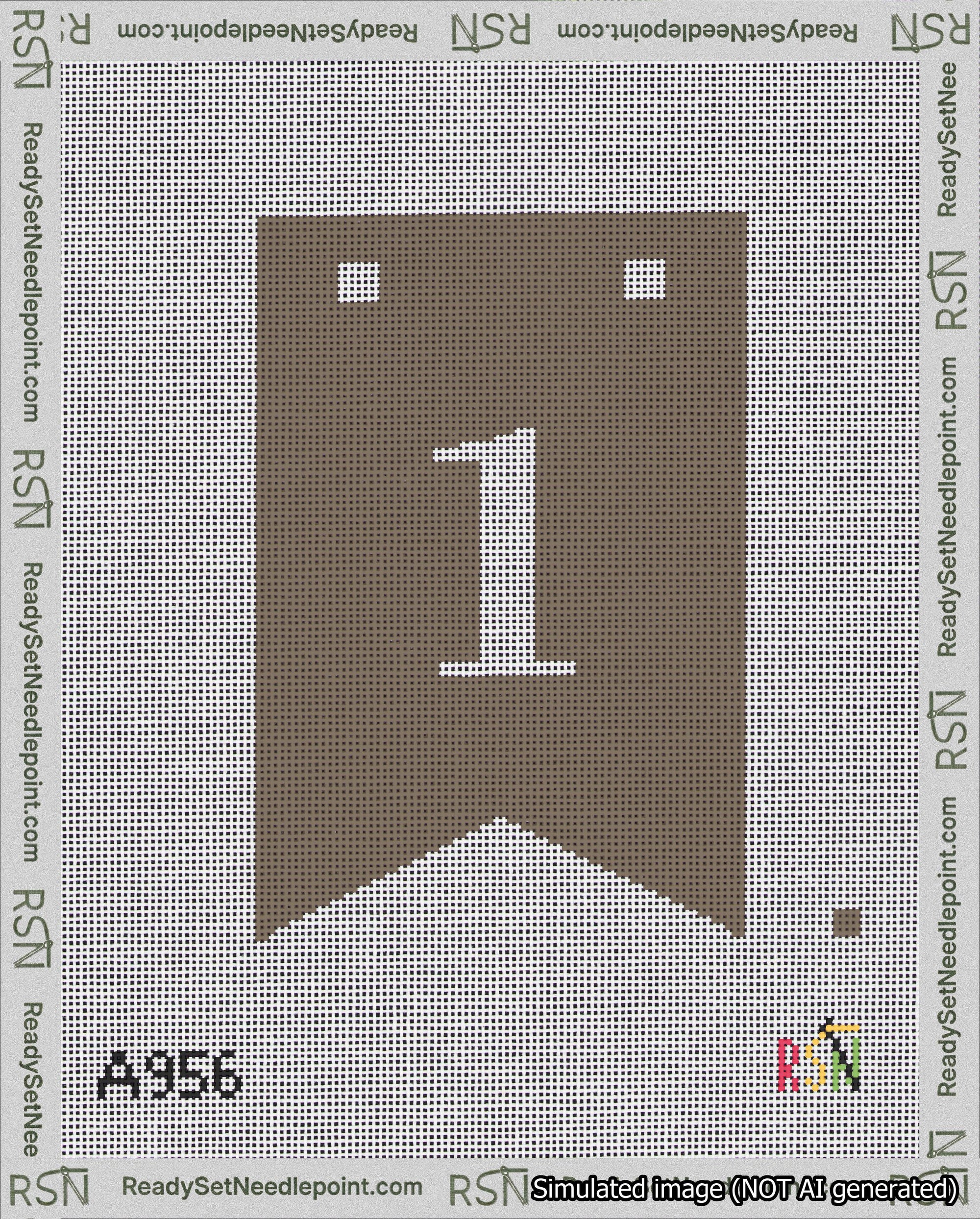A taped needlepoint canvas with the design: Banner 18 mesh count Forked 1 White on Brown.