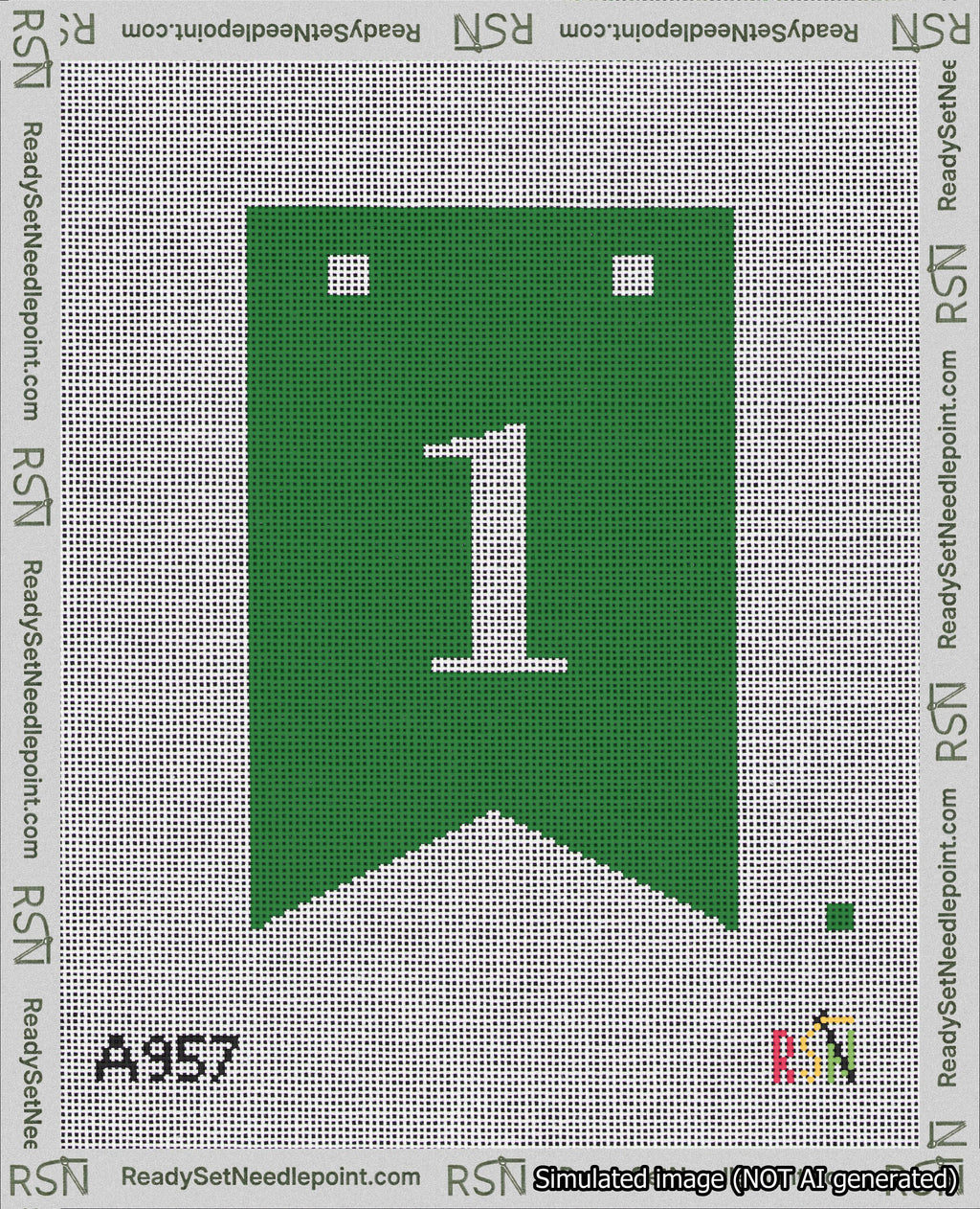 A taped needlepoint canvas with the design: Banner 18 mesh count Forked 1 White on Green.