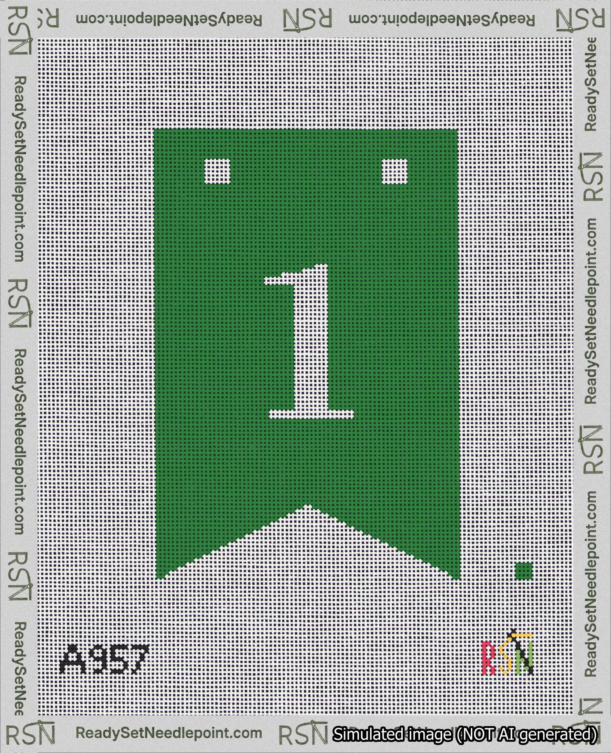 A taped needlepoint canvas with the design: Banner 18 mesh count Forked 1 White on Green.