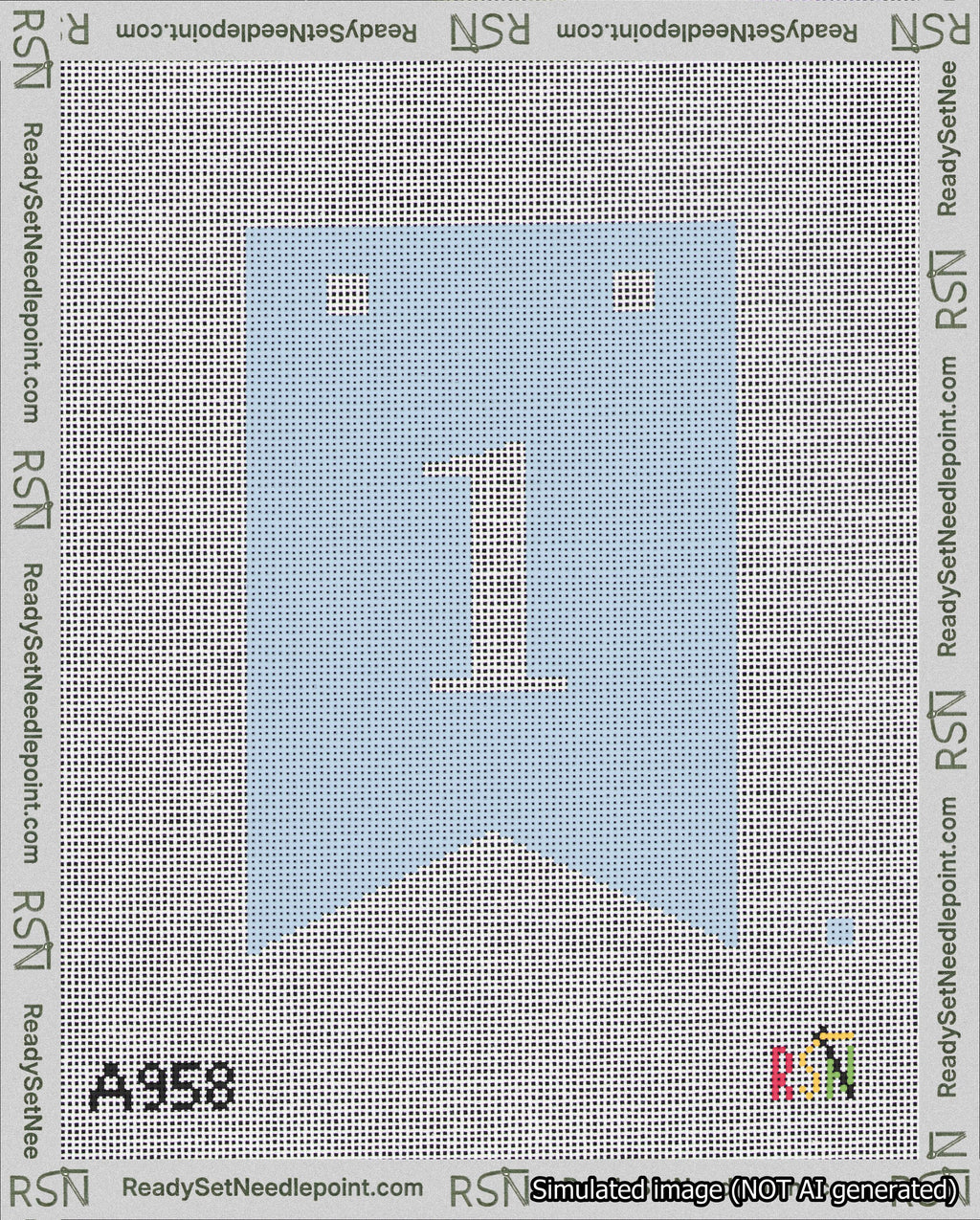 A taped needlepoint canvas with the design: Banner 18 mesh count Forked 1 White on Light Blue.