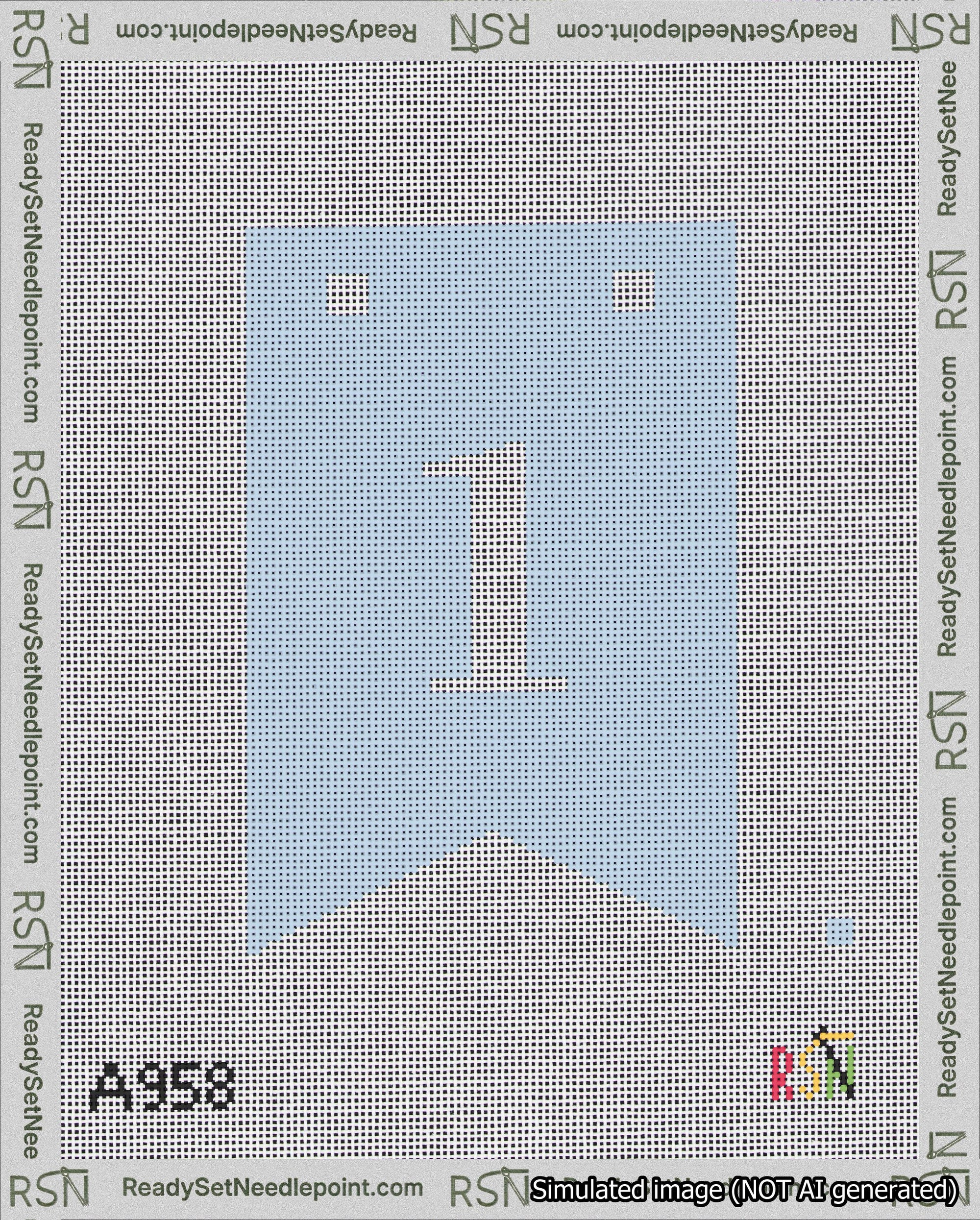 A taped needlepoint canvas with the design: Banner 18 mesh count Forked 1 White on Light Blue.