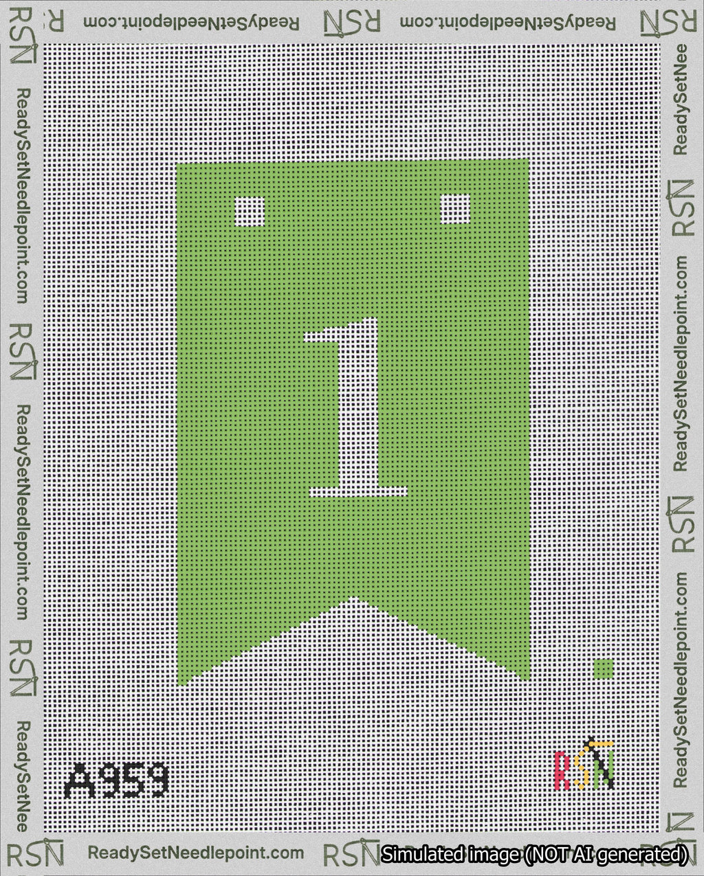 A taped needlepoint canvas with the design: Banner 18 mesh count Forked 1 White on Light Green.