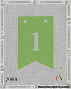 A taped needlepoint canvas with the design: Banner 18 mesh count Forked 1 White on Light Green.