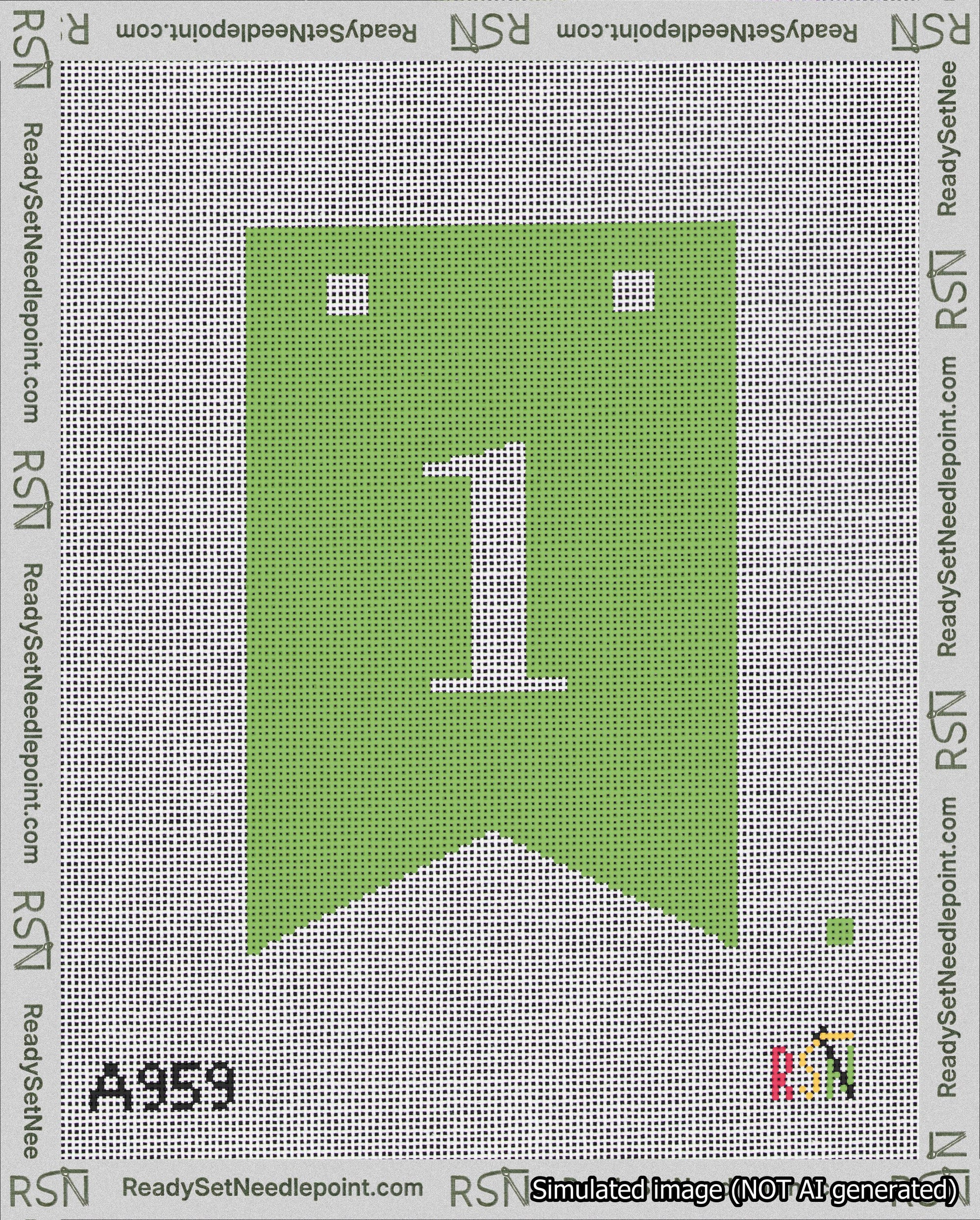A taped needlepoint canvas with the design: Banner 18 mesh count Forked 1 White on Light Green.