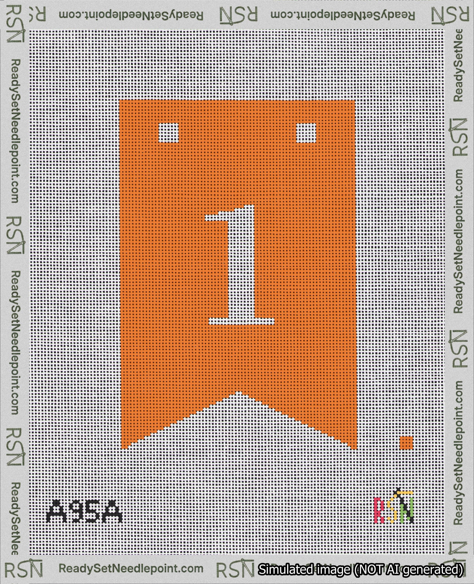 A taped needlepoint canvas with the design: Banner 18 mesh count Forked 1 White on Orange.