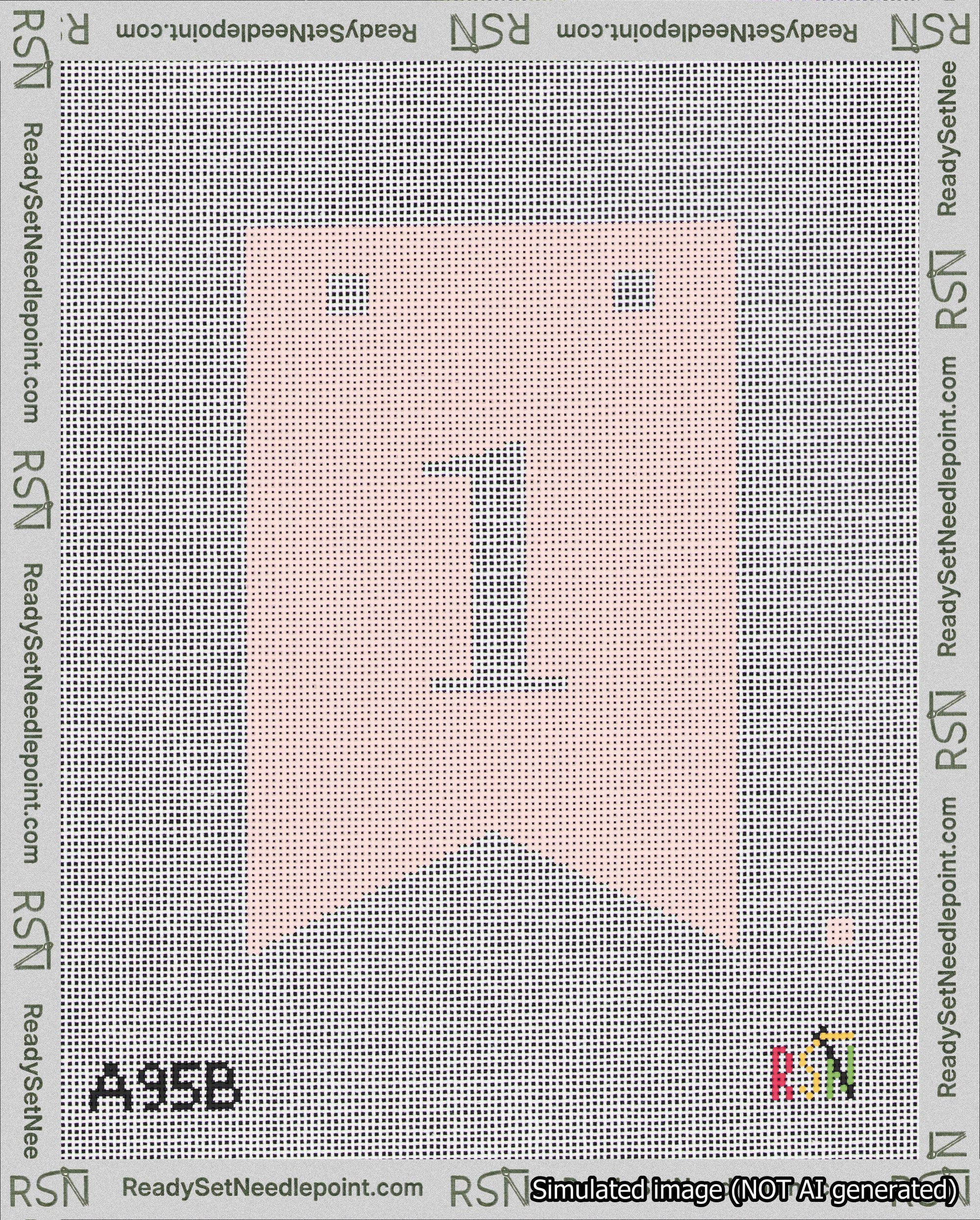 A taped needlepoint canvas with the design: Banner 18 mesh count Forked 1 White on Pink.