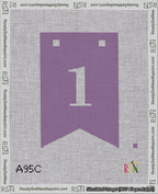 A taped needlepoint canvas with the design: Banner 18 mesh count Forked 1 White on Purple.