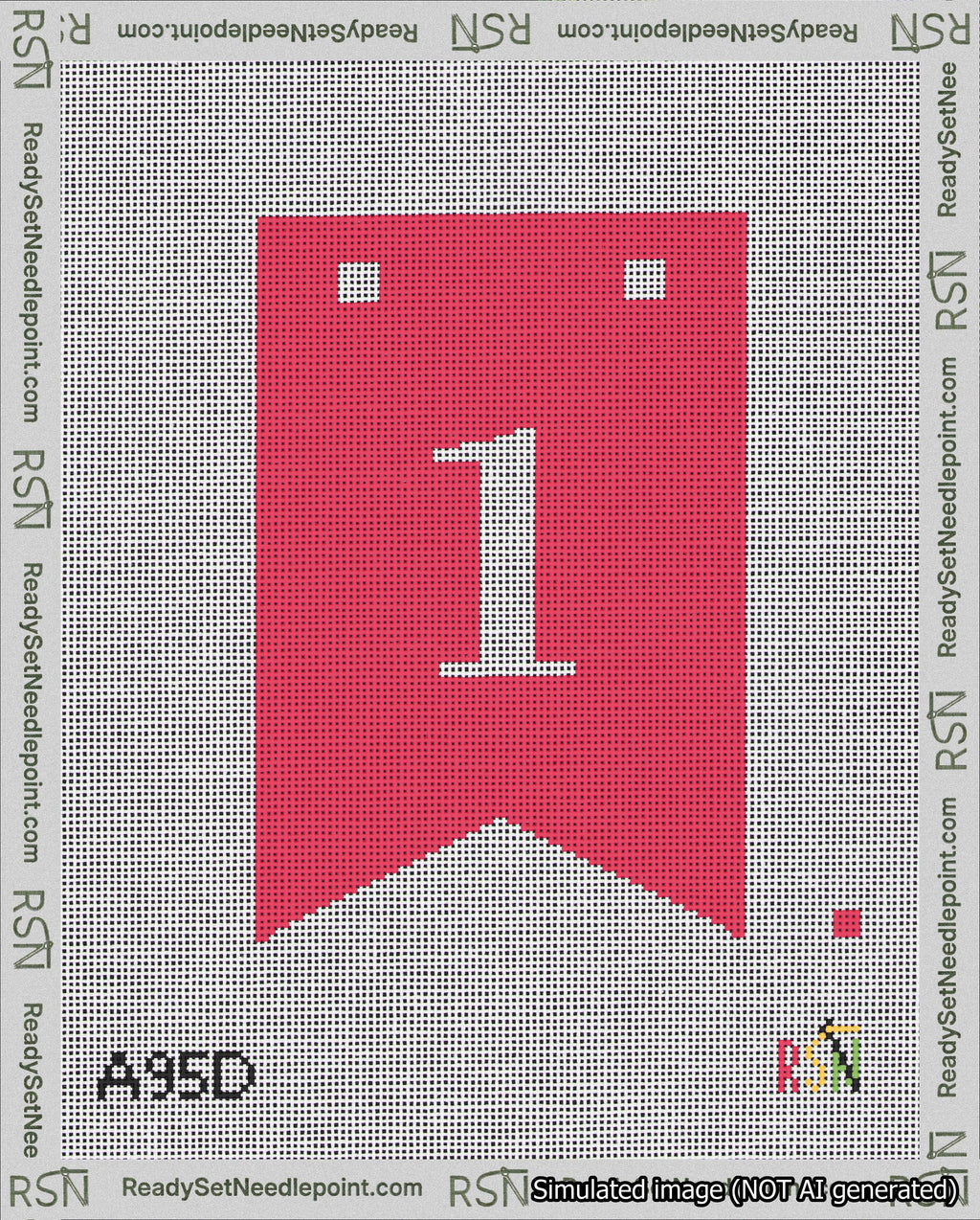 A taped needlepoint canvas with the design: Banner 18 mesh count Forked 1 White on Red.