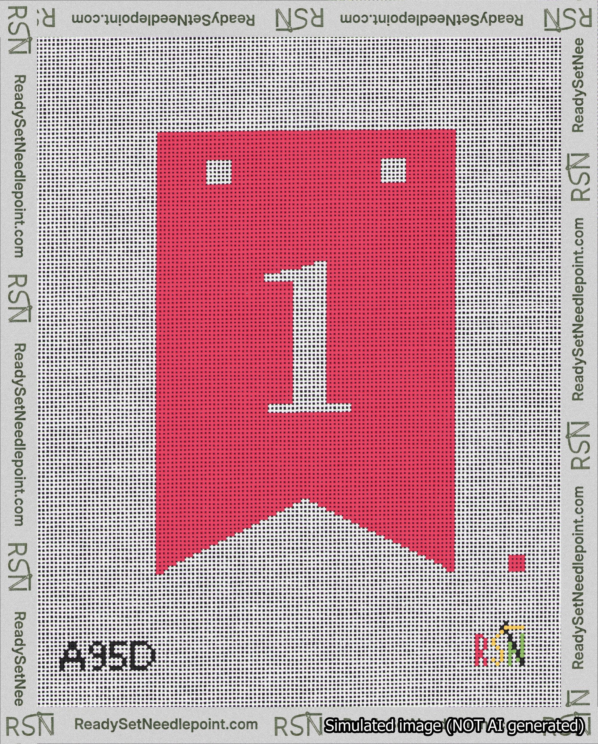 A taped needlepoint canvas with the design: Banner 18 mesh count Forked 1 White on Red.