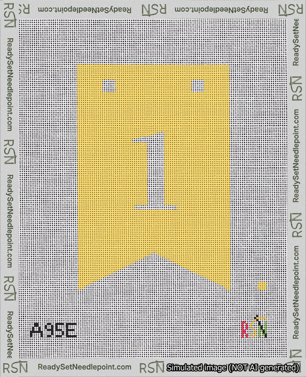 A taped needlepoint canvas with the design: Banner 18 mesh count Forked 1 White on Yellow.