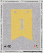 A taped needlepoint canvas with the design: Banner 18 mesh count Forked 1 White on Yellow.