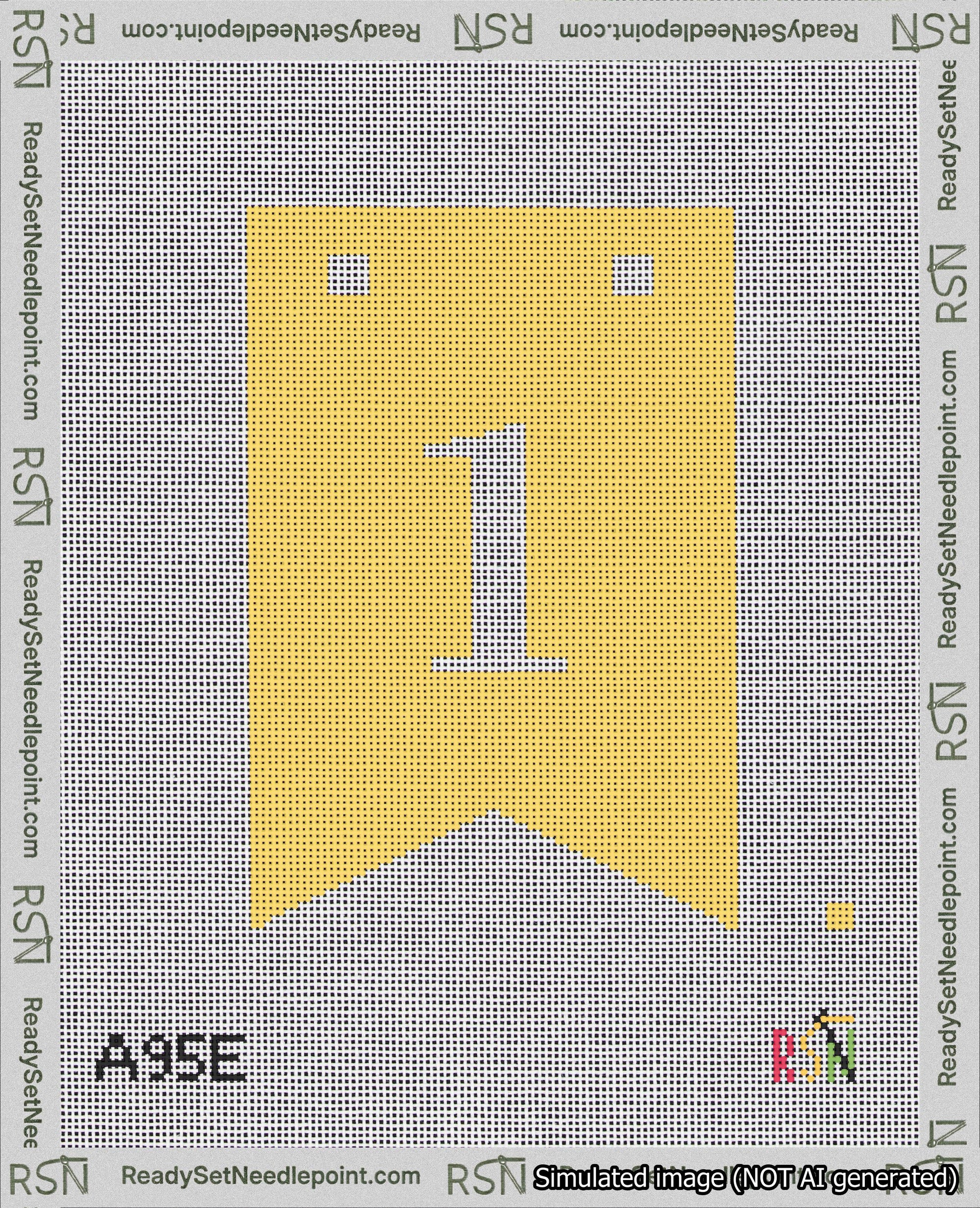 A taped needlepoint canvas with the design: Banner 18 mesh count Forked 1 White on Yellow.