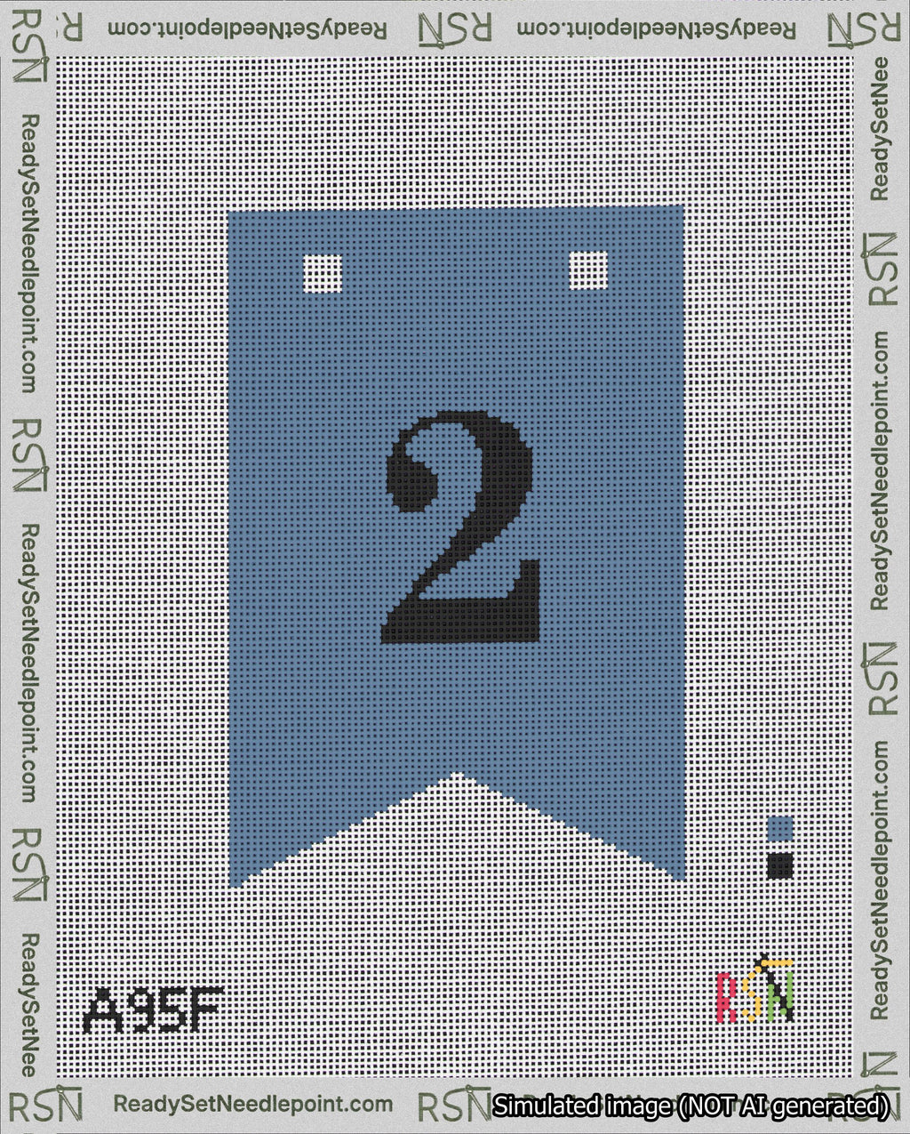 A taped needlepoint canvas with the design: Banner 18 mesh count Forked 2 Black on Blue.