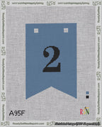 A taped needlepoint canvas with the design: Banner 18 mesh count Forked 2 Black on Blue.