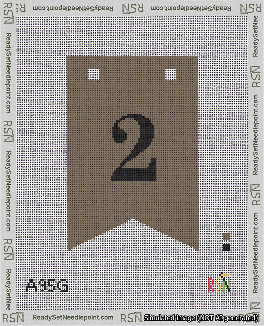 A taped needlepoint canvas with the design: Banner 18 mesh count Forked 2 Black on Brown.