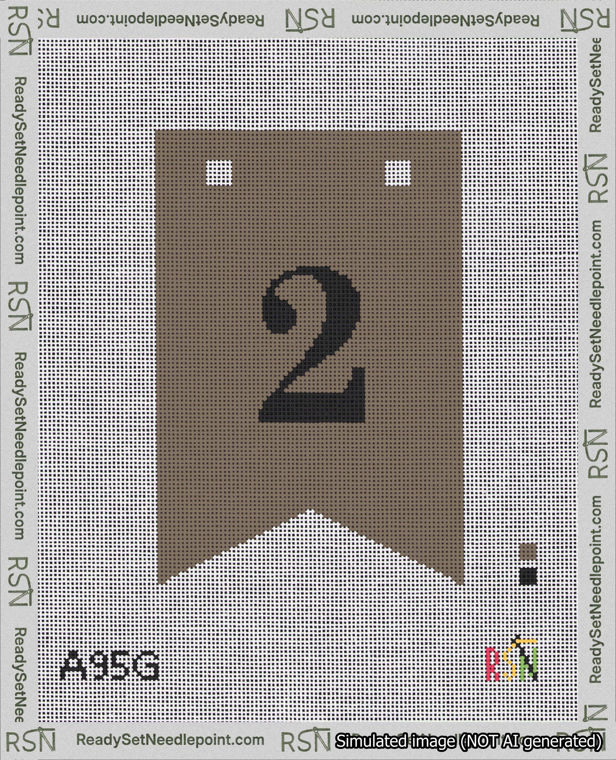 A taped needlepoint canvas with the design: Banner 18 mesh count Forked 2 Black on Brown.
