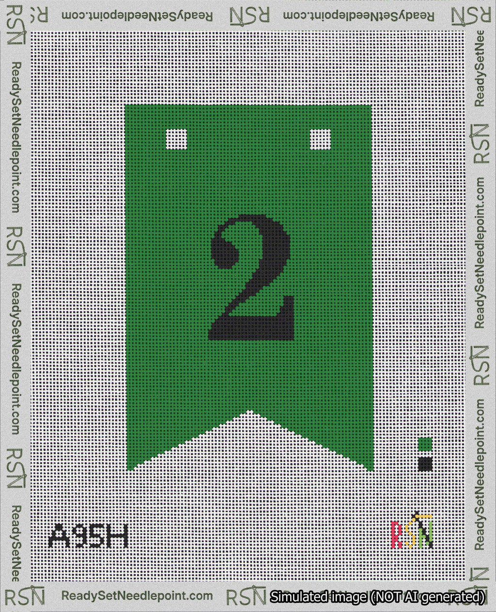 A taped needlepoint canvas with the design: Banner 18 mesh count Forked 2 Black on Green.