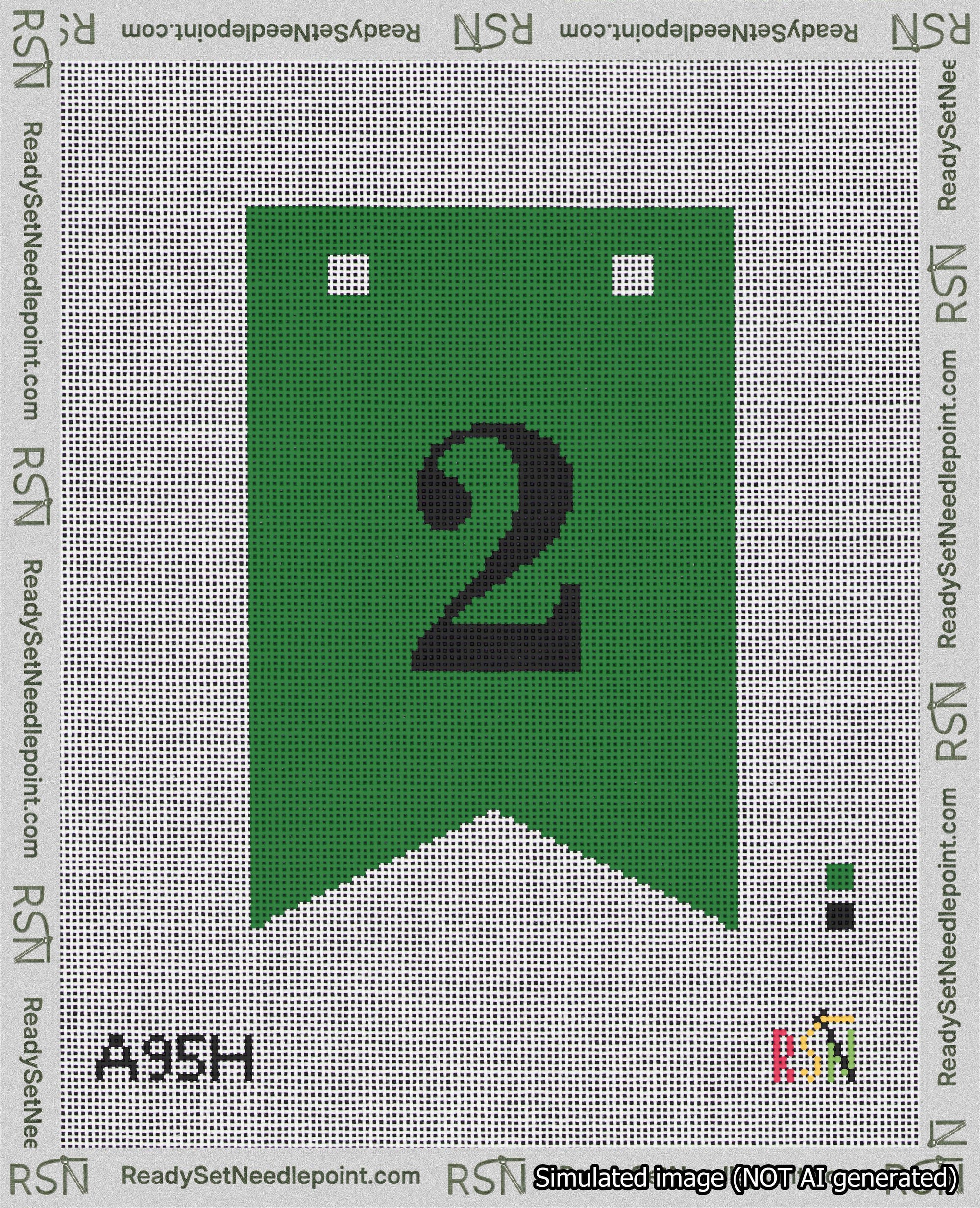 A taped needlepoint canvas with the design: Banner 18 mesh count Forked 2 Black on Green.