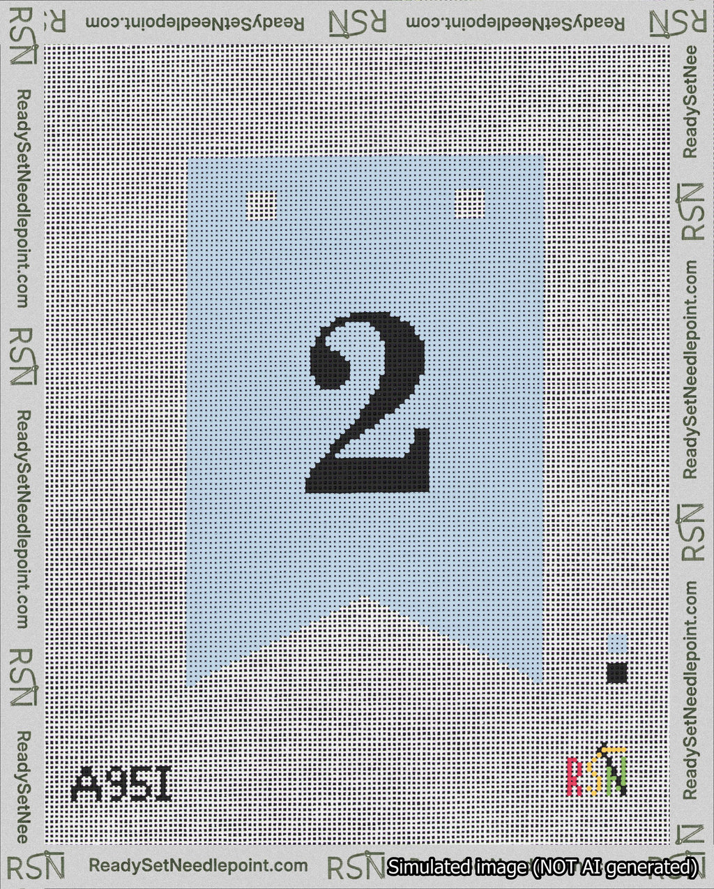 A taped needlepoint canvas with the design: Banner 18 mesh count Forked 2 Black on Light Blue.
