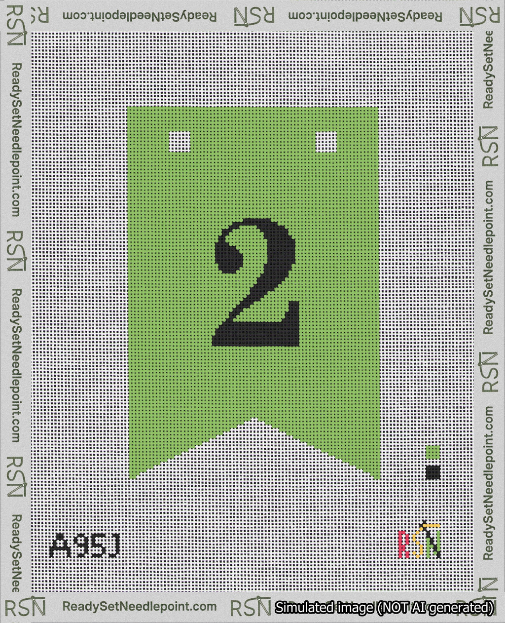 A taped needlepoint canvas with the design: Banner 18 mesh count Forked 2 Black on Light Green.