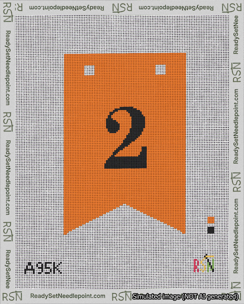 A taped needlepoint canvas with the design: Banner 18 mesh count Forked 2 Black on Orange.