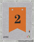 A taped needlepoint canvas with the design: Banner 18 mesh count Forked 2 Black on Orange.