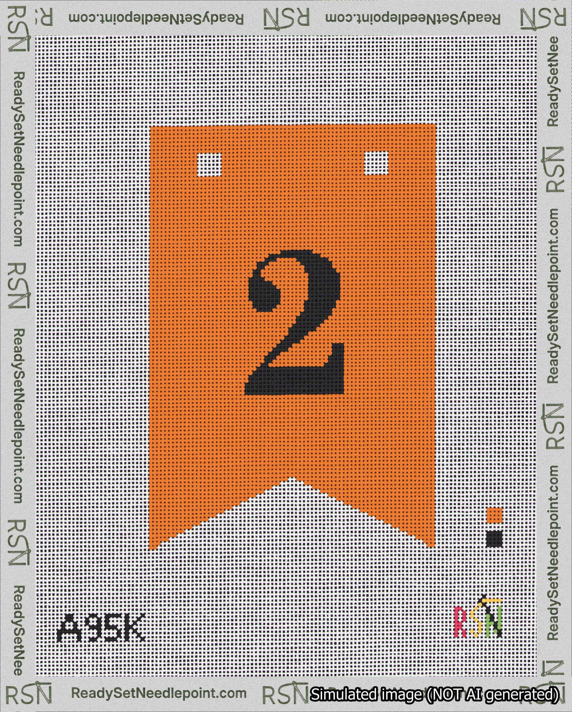 A taped needlepoint canvas with the design: Banner 18 mesh count Forked 2 Black on Orange.