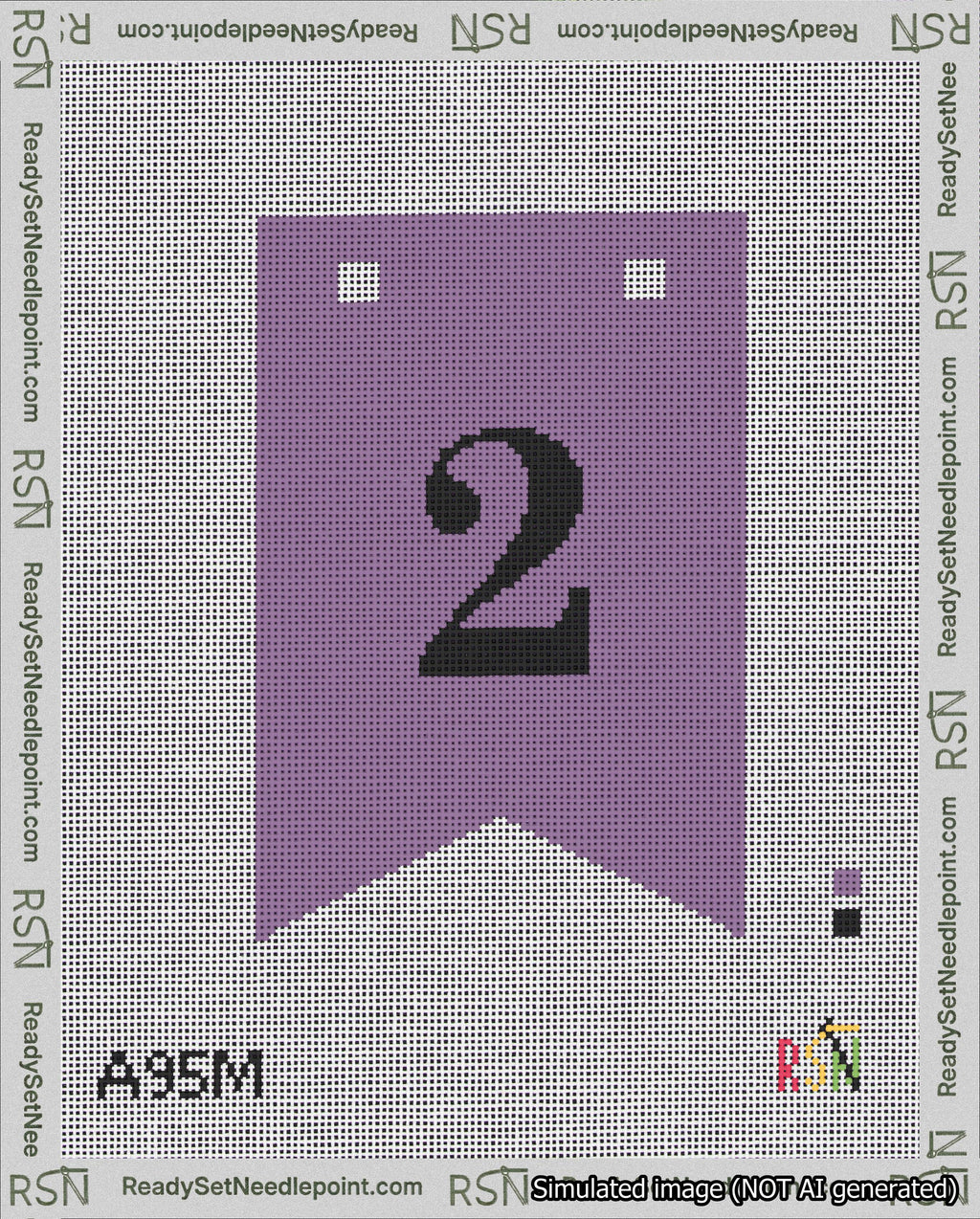 A taped needlepoint canvas with the design: Banner 18 mesh count Forked 2 Black on Purple.