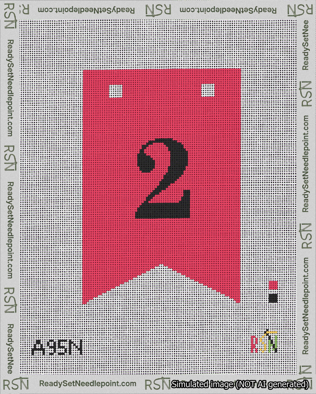 A taped needlepoint canvas with the design: Banner 18 mesh count Forked 2 Black on Red.