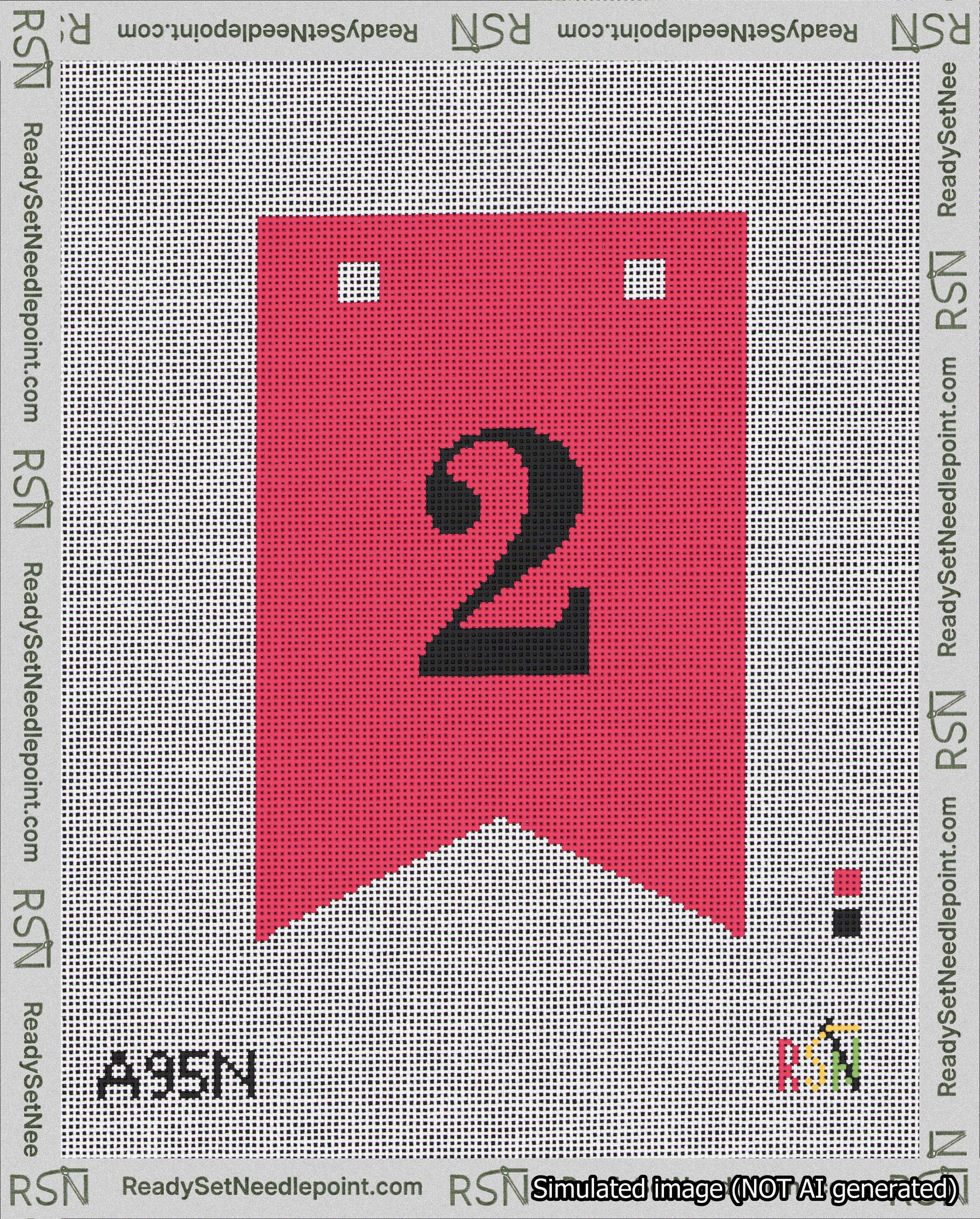 A taped needlepoint canvas with the design: Banner 18 mesh count Forked 2 Black on Red.