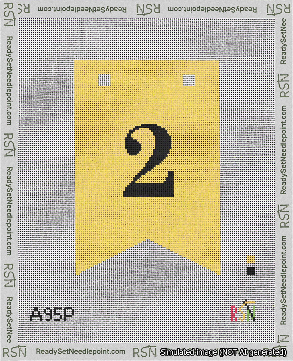 A taped needlepoint canvas with the design: Banner 18 mesh count Forked 2 Black on Yellow.