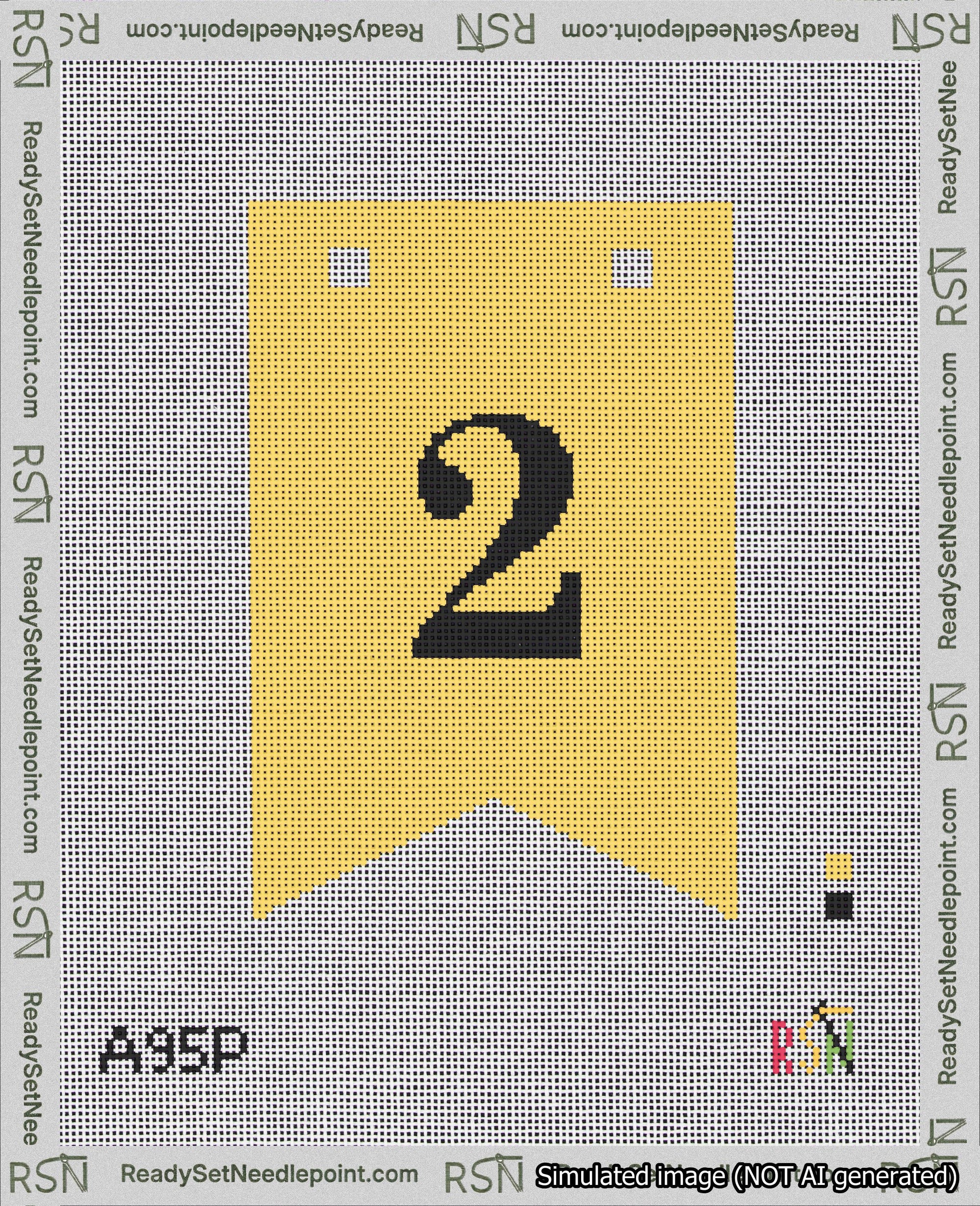 A taped needlepoint canvas with the design: Banner 18 mesh count Forked 2 Black on Yellow.