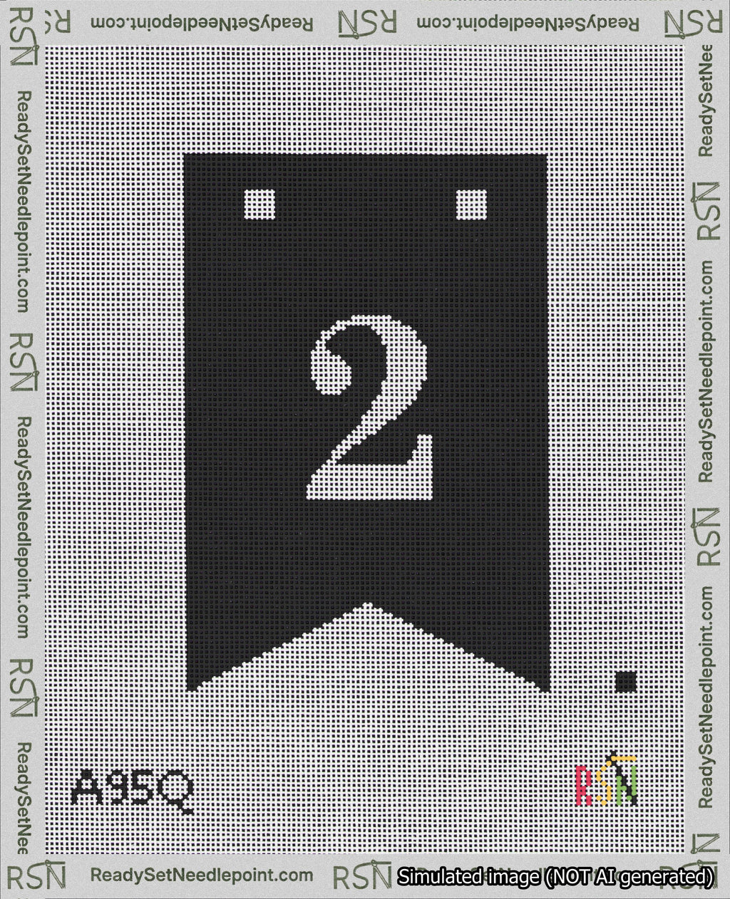 A taped needlepoint canvas with the design: Banner 18 mesh count Forked 2 White on Black.