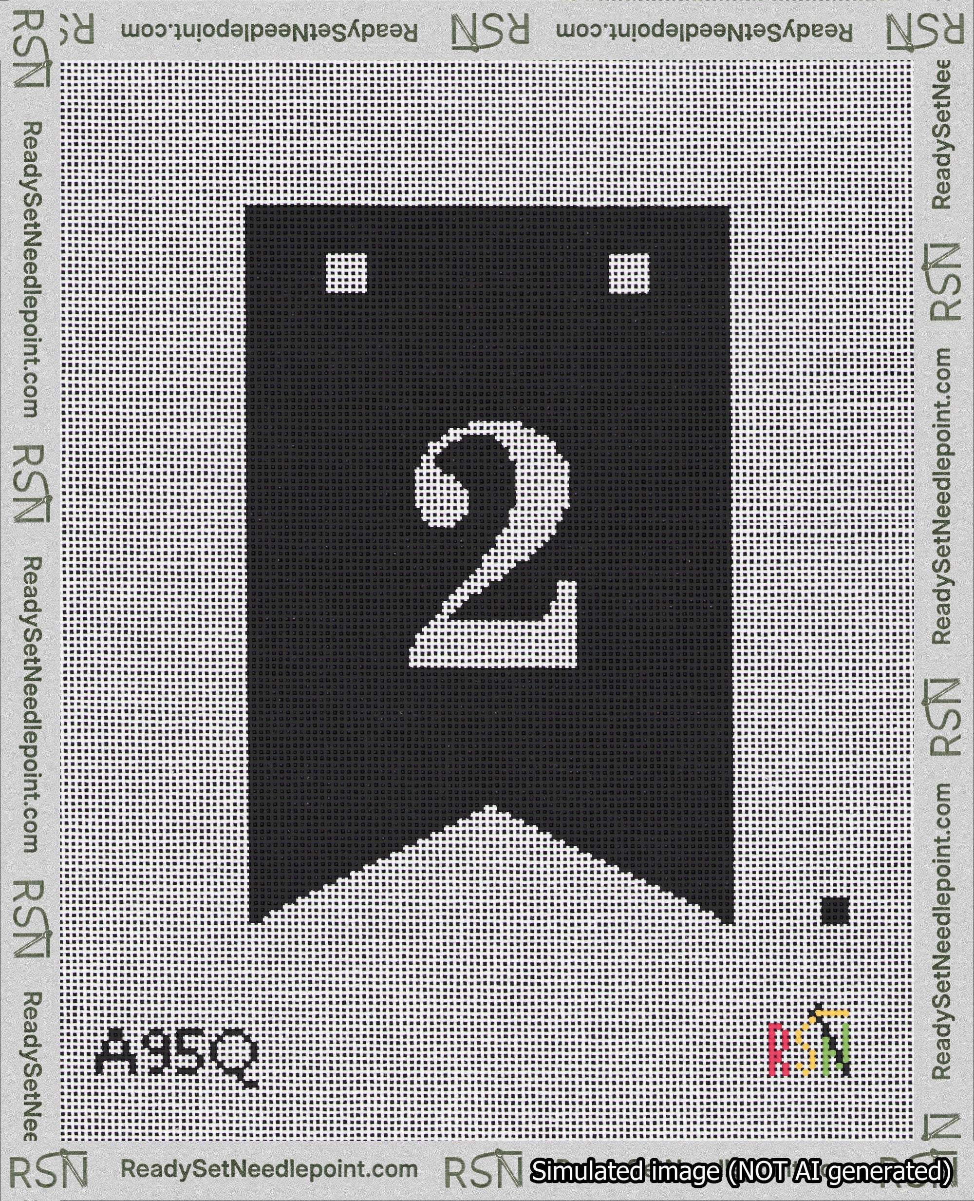 A taped needlepoint canvas with the design: Banner 18 mesh count Forked 2 White on Black.
