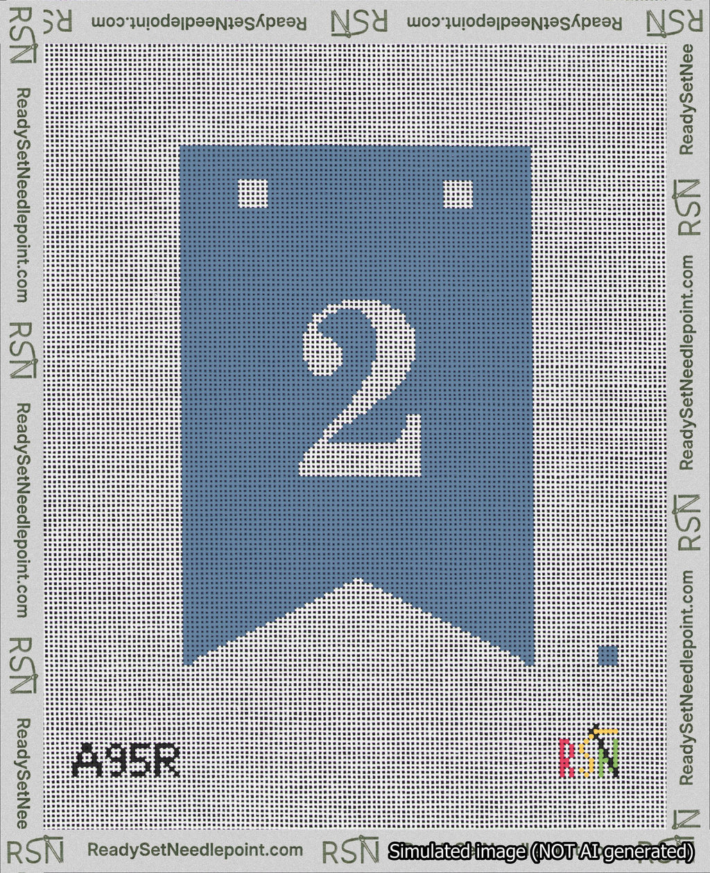 A taped needlepoint canvas with the design: Banner 18 mesh count Forked 2 White on Blue.