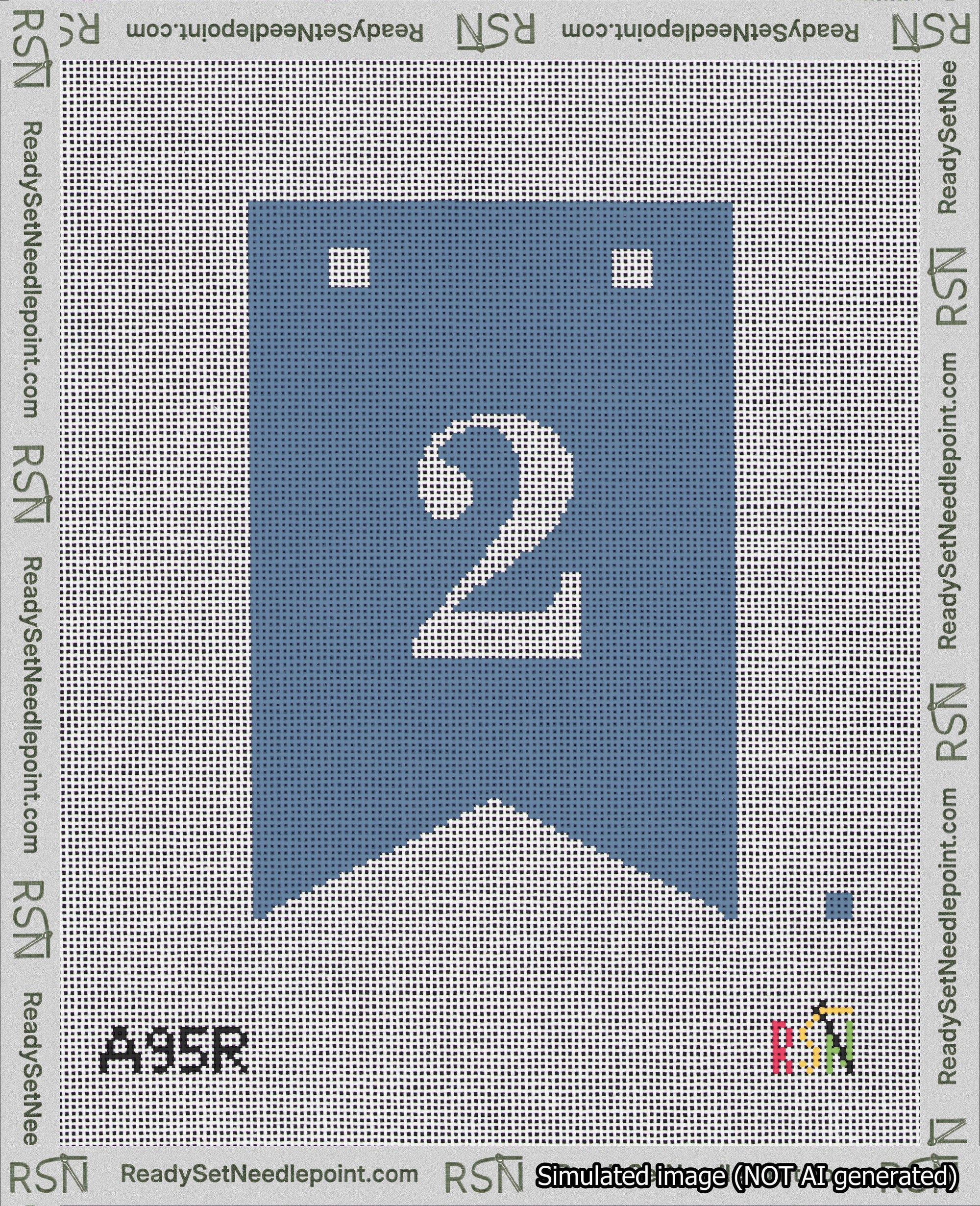 A taped needlepoint canvas with the design: Banner 18 mesh count Forked 2 White on Blue.