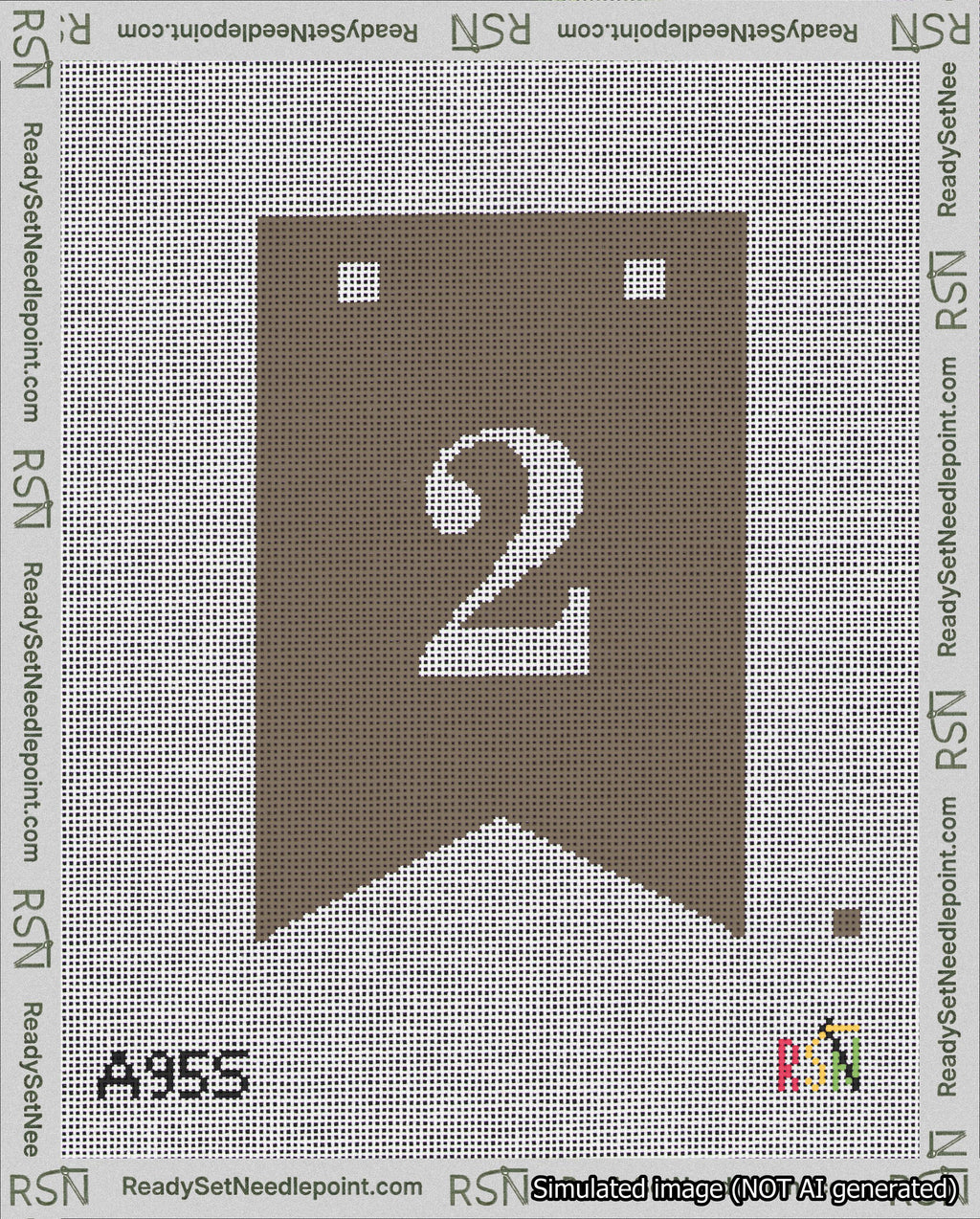 A taped needlepoint canvas with the design: Banner 18 mesh count Forked 2 White on Brown.