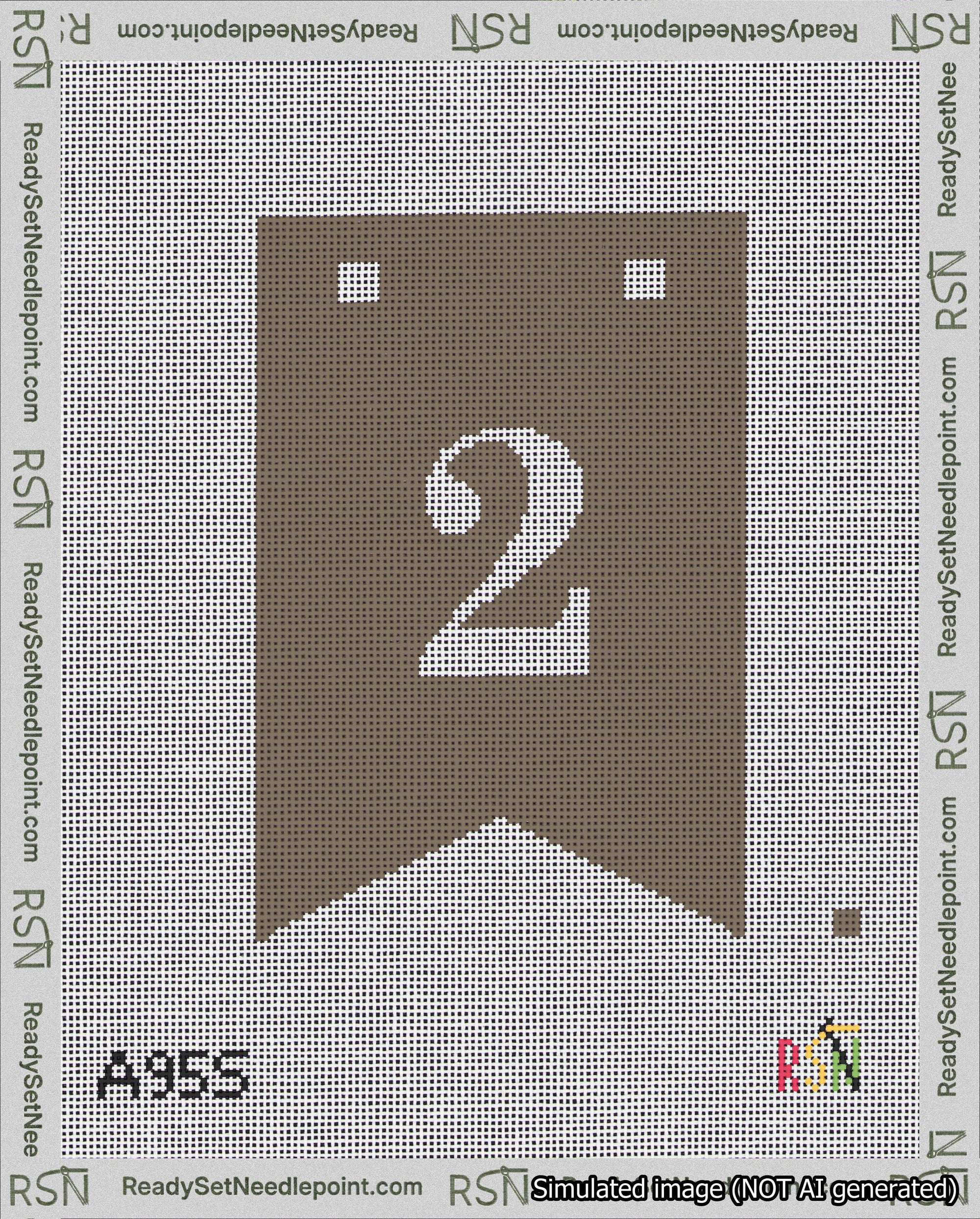 A taped needlepoint canvas with the design: Banner 18 mesh count Forked 2 White on Brown.
