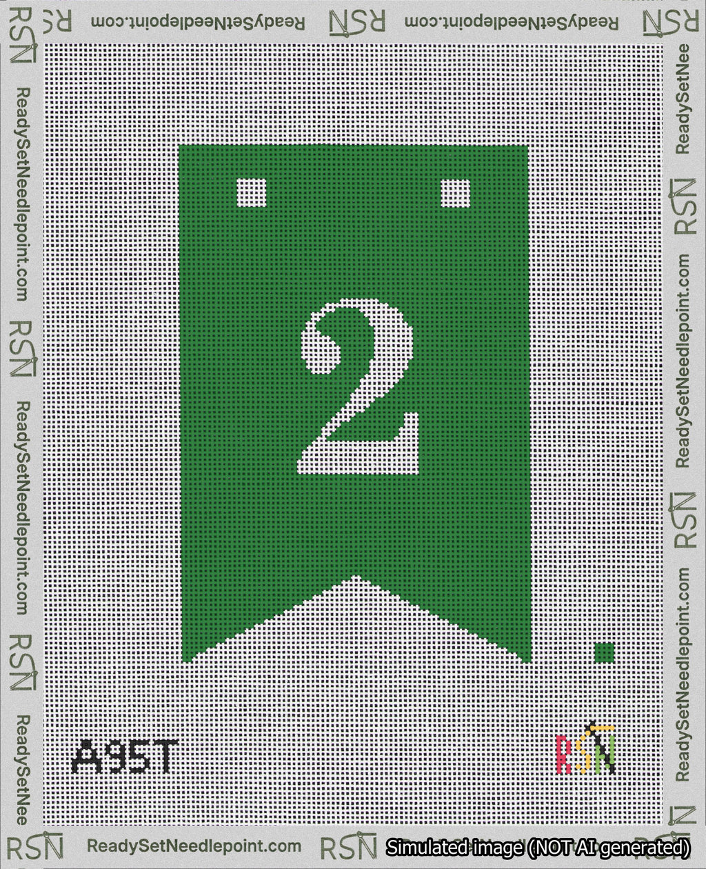 A taped needlepoint canvas with the design: Banner 18 mesh count Forked 2 White on Green.