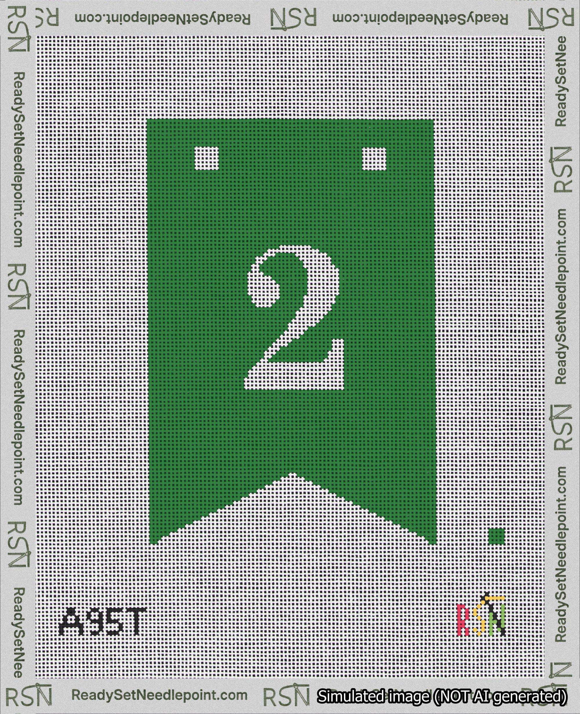 A taped needlepoint canvas with the design: Banner 18 mesh count Forked 2 White on Green.
