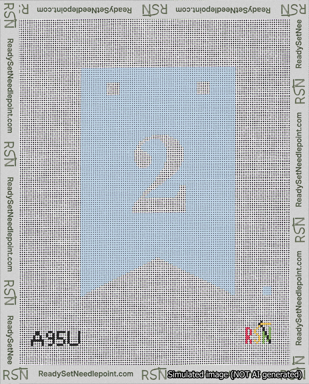 A taped needlepoint canvas with the design: Banner 18 mesh count Forked 2 White on Light Blue.