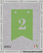 A taped needlepoint canvas with the design: Banner 18 mesh count Forked 2 White on Light Green.